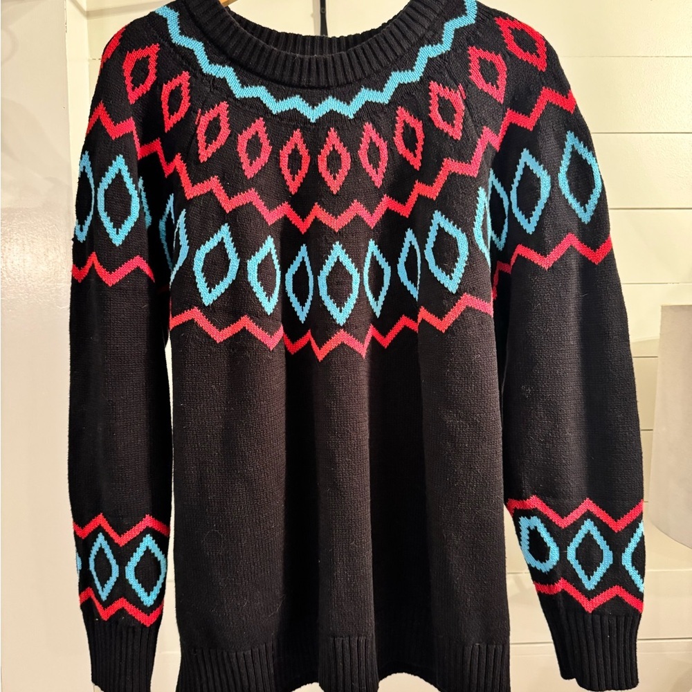 Lane Bryant Black Sweater with Red and Blue Geometric Design